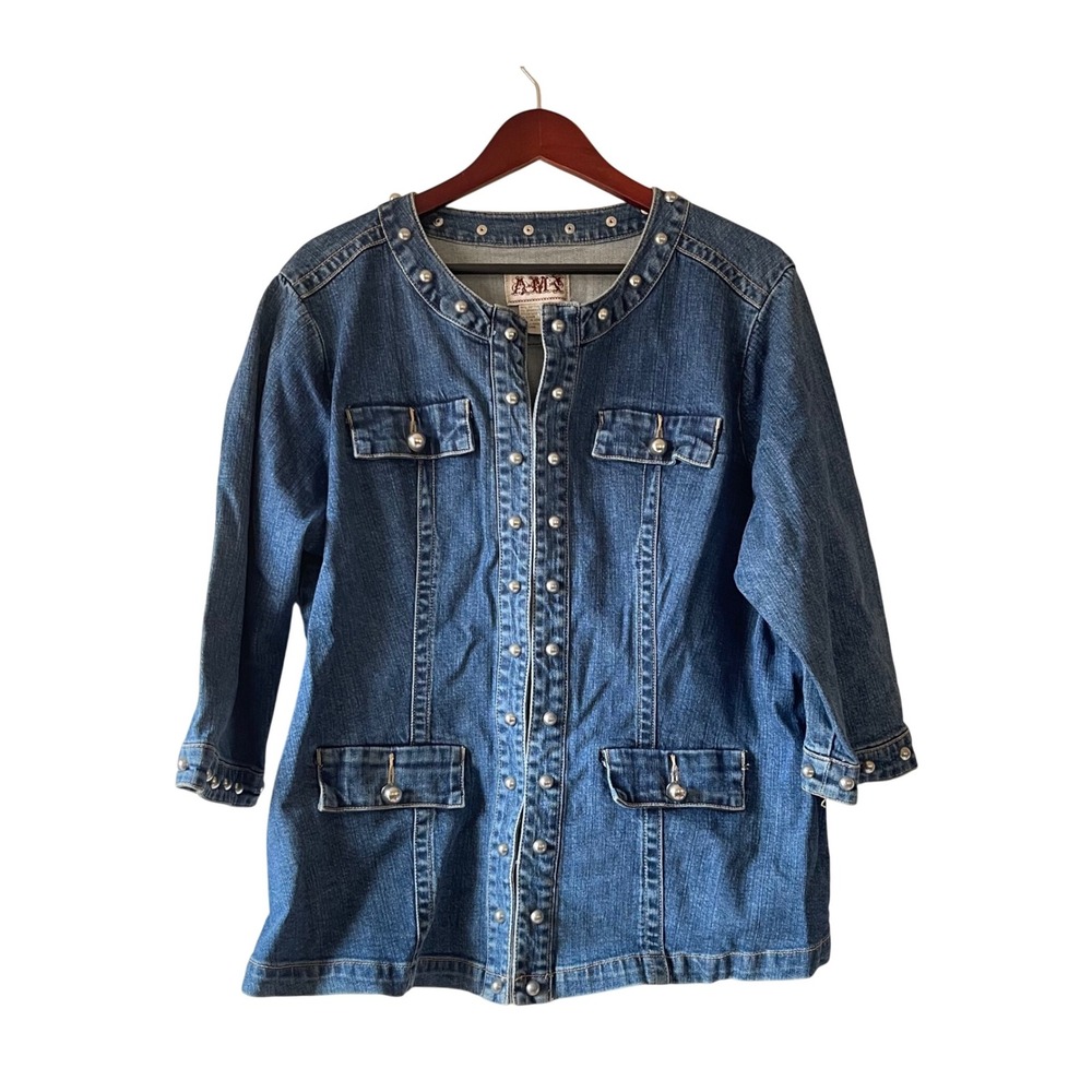 Vintage 80s/90s AMS Womens Denim Jacket Studded 3/4‎ Sleeve Blue Size 1X